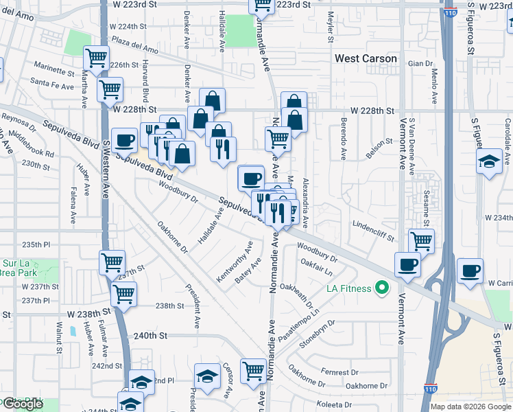 map of restaurants, bars, coffee shops, grocery stores, and more near 1305 Sepulveda Boulevard in Torrance