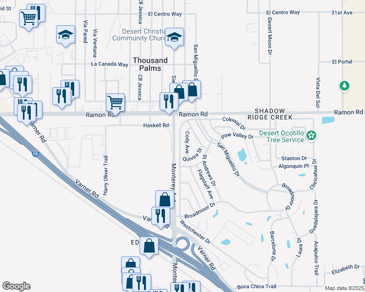 map of restaurants, bars, coffee shops, grocery stores, and more near 32260 Westchester Drive in Thousand Palms