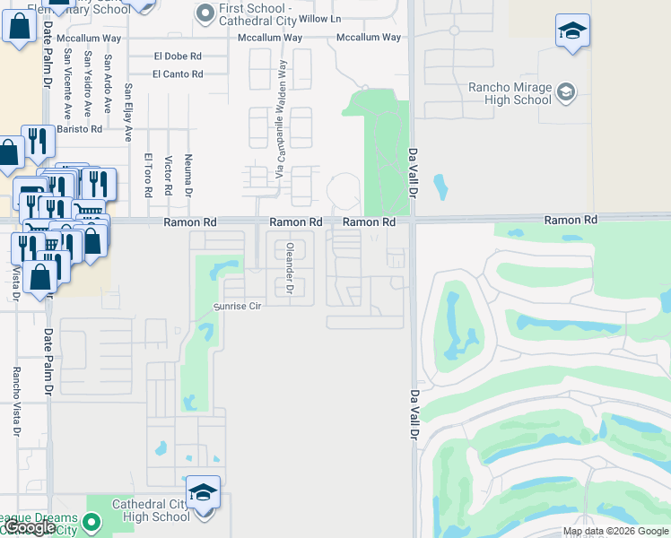 map of restaurants, bars, coffee shops, grocery stores, and more near 69801 Ramon Road in Cathedral City