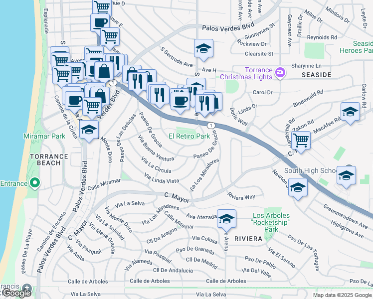 map of restaurants, bars, coffee shops, grocery stores, and more near 205 Vista Del Parque in Redondo Beach