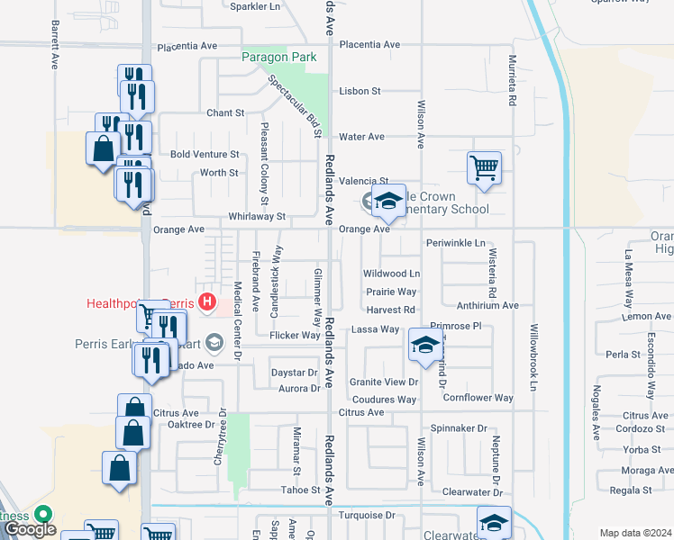 map of restaurants, bars, coffee shops, grocery stores, and more near 2238 Jornada Drive in Perris