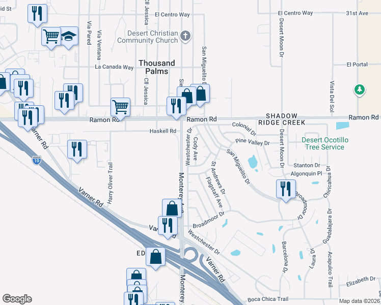 map of restaurants, bars, coffee shops, grocery stores, and more near 32260 Westchester Drive in Thousand Palms