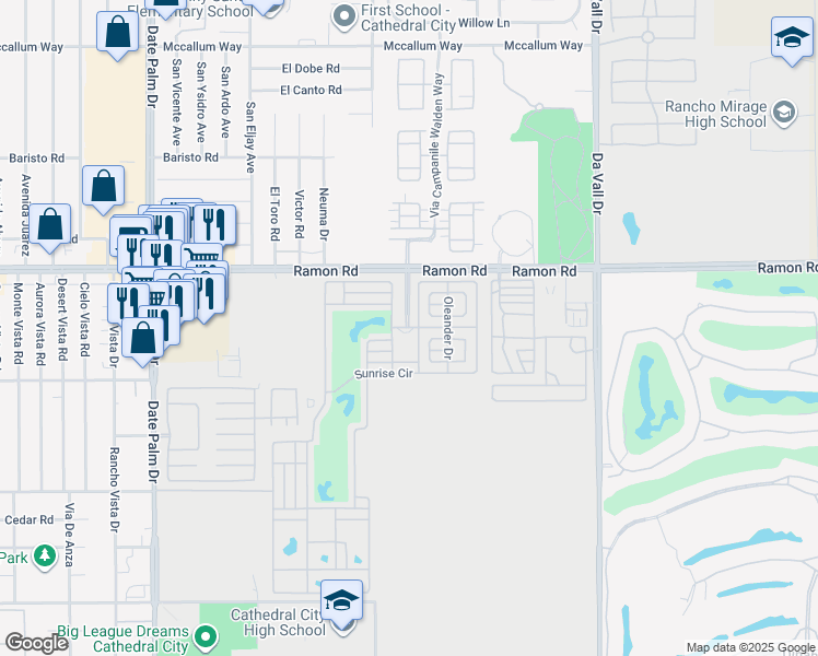 map of restaurants, bars, coffee shops, grocery stores, and more near Palm Boulevard in Cathedral City