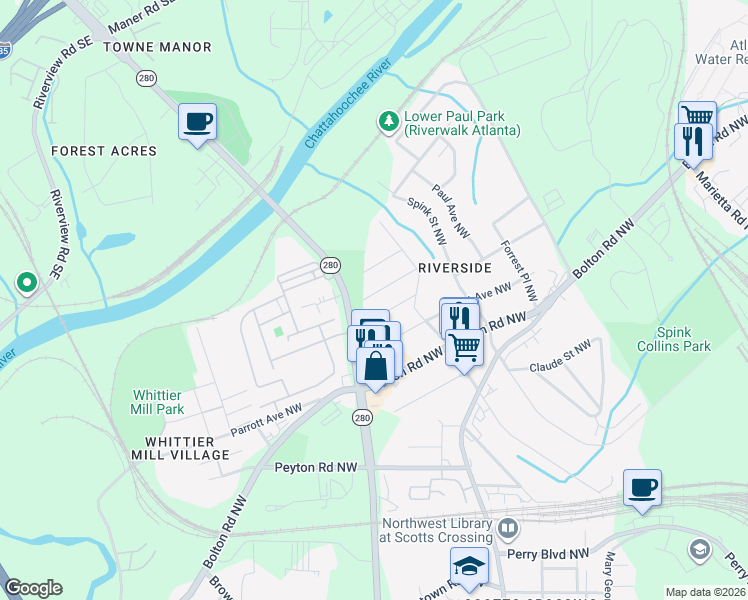 map of restaurants, bars, coffee shops, grocery stores, and more near 2688 West Main Street Northwest in Atlanta