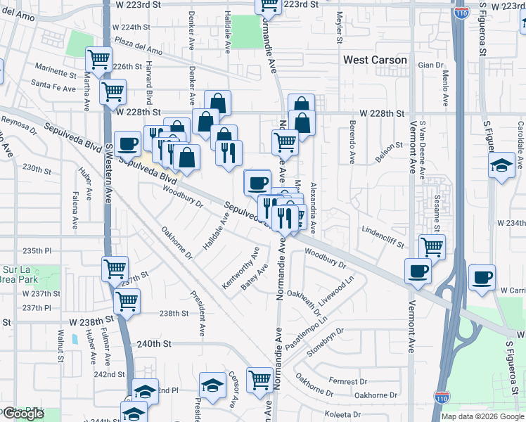 map of restaurants, bars, coffee shops, grocery stores, and more near 1305 Sepulveda Boulevard in Torrance