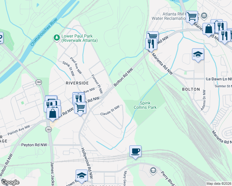 map of restaurants, bars, coffee shops, grocery stores, and more near 2145 Bolton Road Northwest in Atlanta