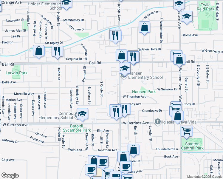 map of restaurants, bars, coffee shops, grocery stores, and more near in Anaheim