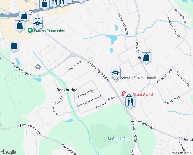map of restaurants, bars, coffee shops, grocery stores, and more near 2407 Rockbridge Road Southwest in Stone Mountain