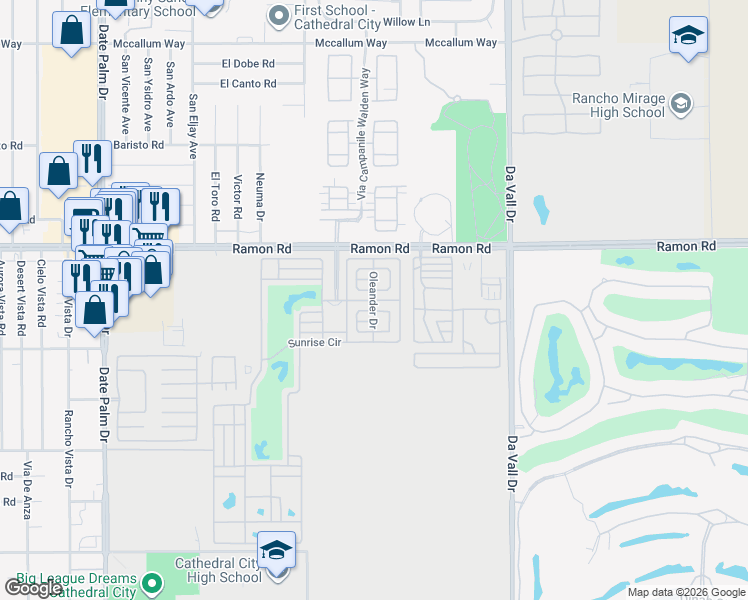 map of restaurants, bars, coffee shops, grocery stores, and more near Oleander Drive in Cathedral City