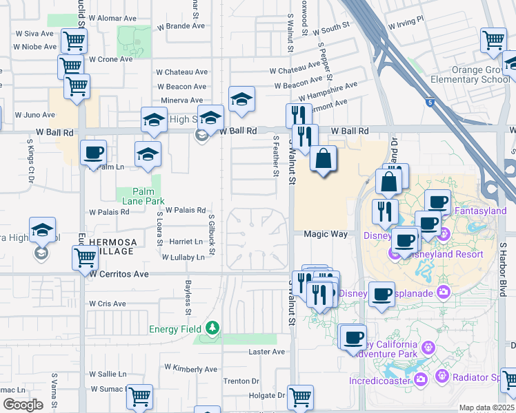 map of restaurants, bars, coffee shops, grocery stores, and more near 1357 South Walnut Street in Anaheim