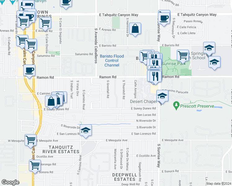 map of restaurants, bars, coffee shops, grocery stores, and more near 1111 Ramon Road in Palm Springs