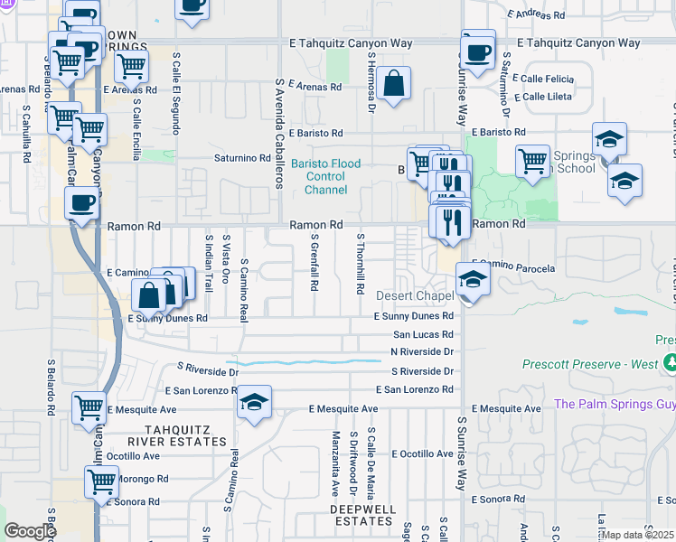 map of restaurants, bars, coffee shops, grocery stores, and more near 1111 Ramon Road in Palm Springs
