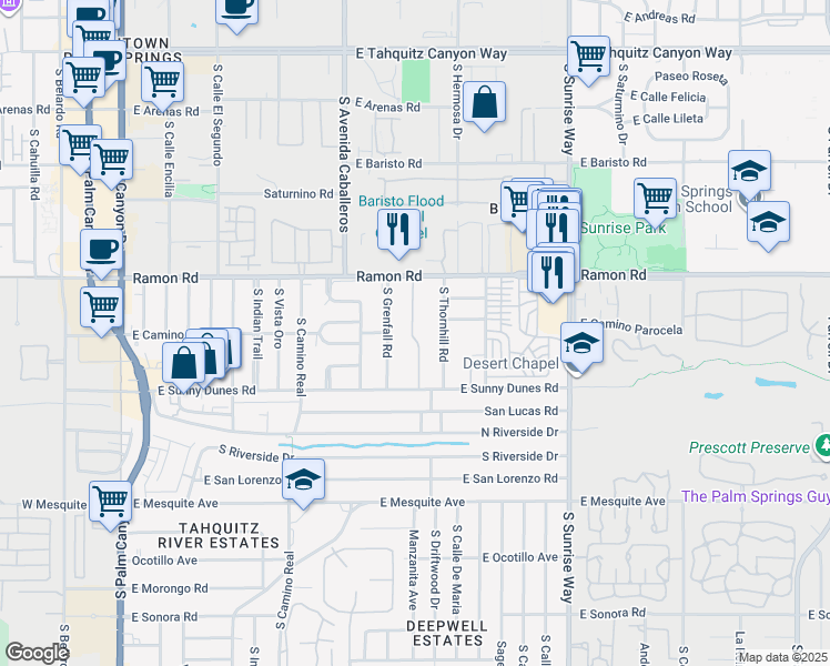 map of restaurants, bars, coffee shops, grocery stores, and more near 1111 Ramon Road in Palm Springs