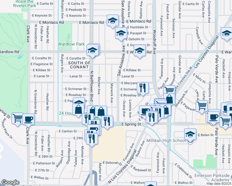 map of restaurants, bars, coffee shops, grocery stores, and more near 3157 San Anseline Avenue in Long Beach