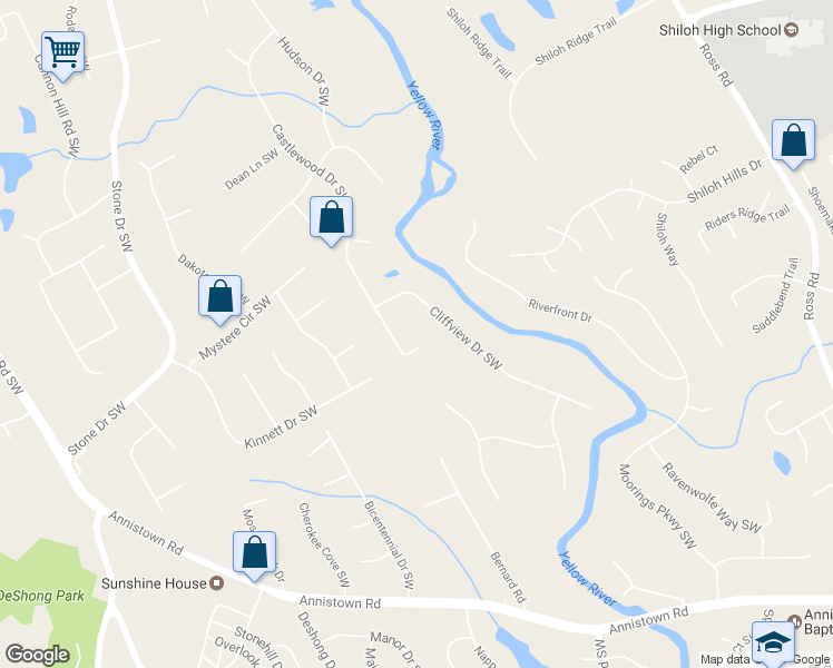 map of restaurants, bars, coffee shops, grocery stores, and more near 5018 Castlewood Drive Southwest in Lilburn