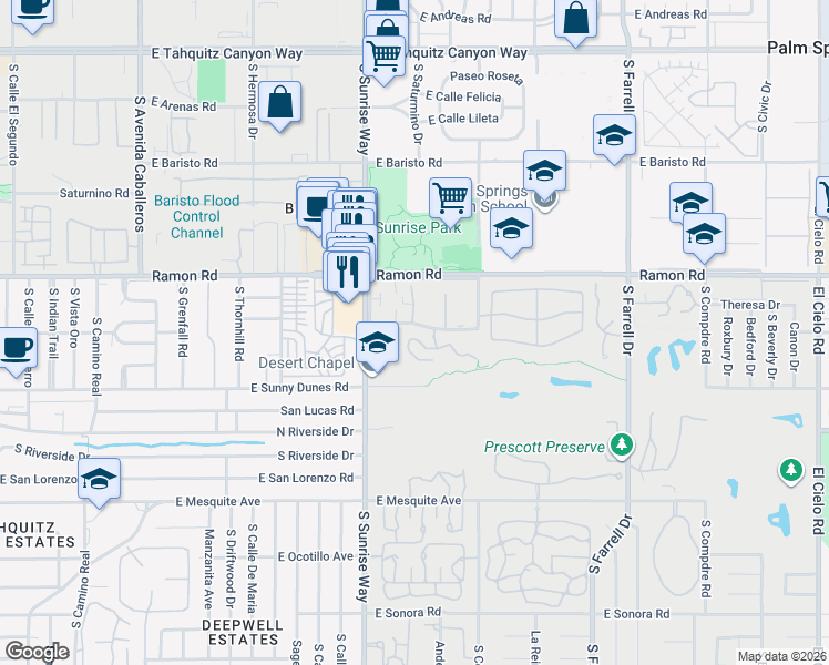map of restaurants, bars, coffee shops, grocery stores, and more near in Palm Springs