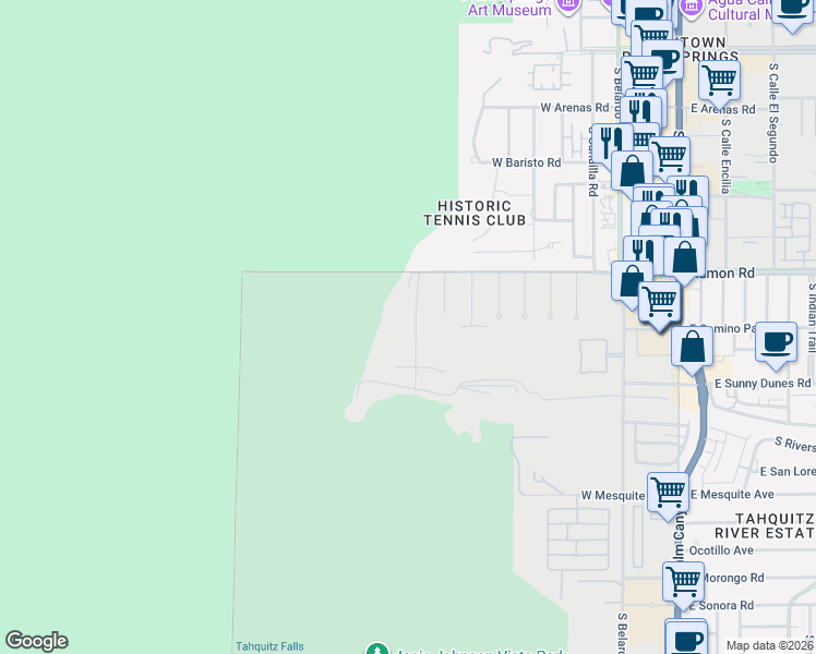 map of restaurants, bars, coffee shops, grocery stores, and more near 597 South La Mirada Road in Palm Springs