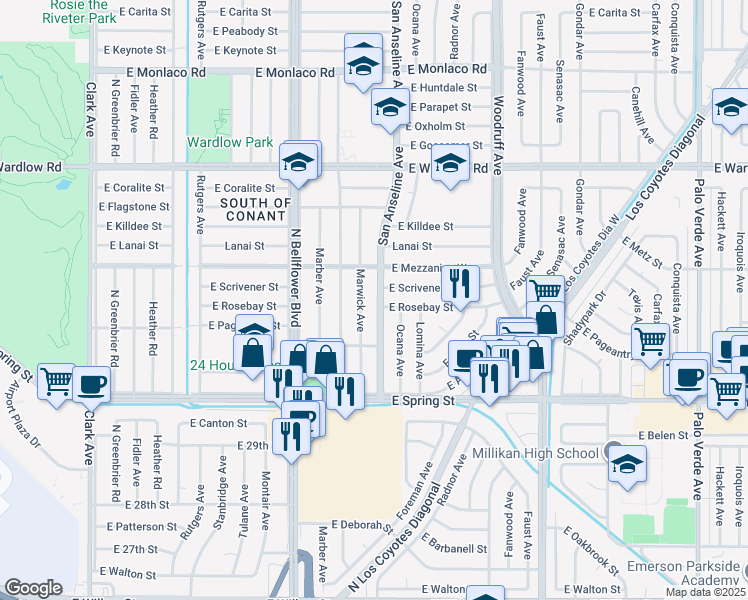 map of restaurants, bars, coffee shops, grocery stores, and more near 3157 San Anseline Avenue in Long Beach