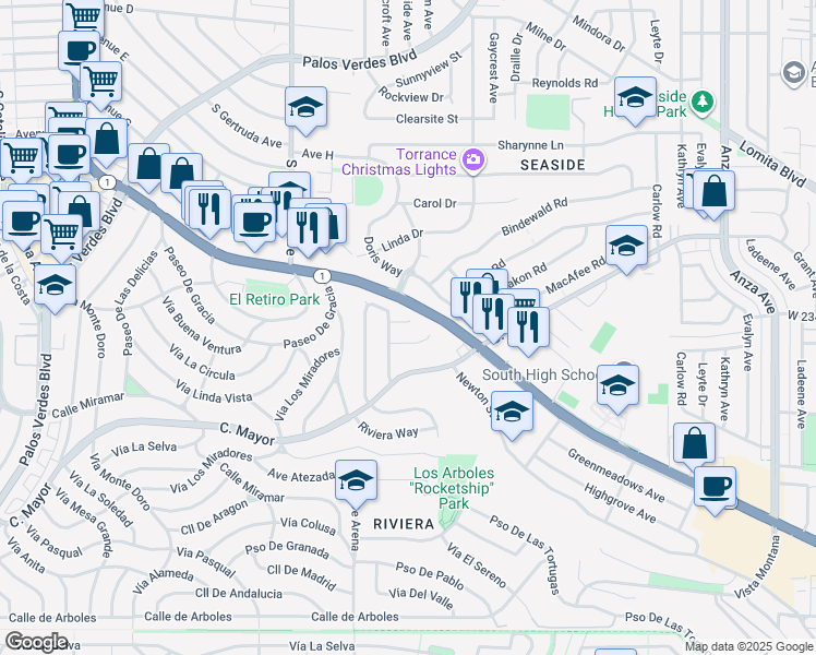 map of restaurants, bars, coffee shops, grocery stores, and more near 5510 Greenmeadows Street in Torrance