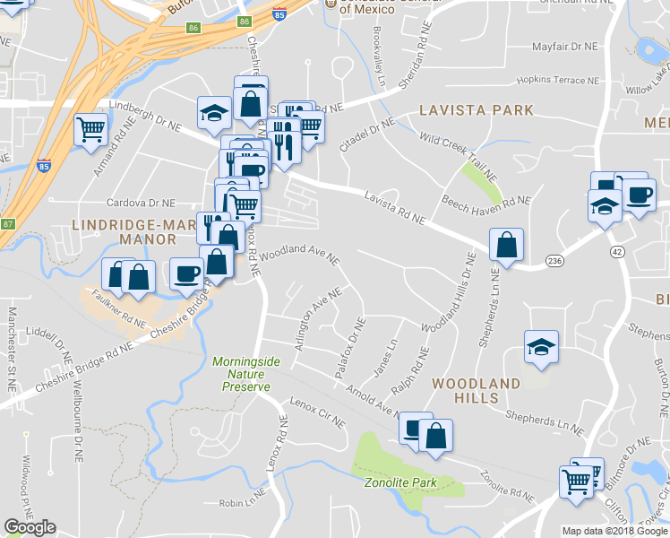 map of restaurants, bars, coffee shops, grocery stores, and more near 1231 Woodland Avenue Northeast in Atlanta