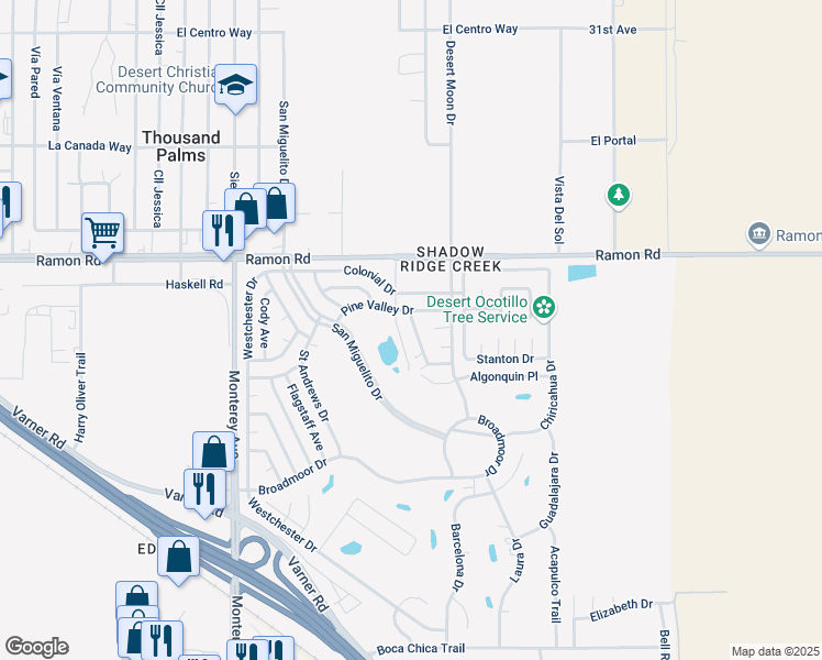 map of restaurants, bars, coffee shops, grocery stores, and more near 73341 Pine Valley Drive in Thousand Palms