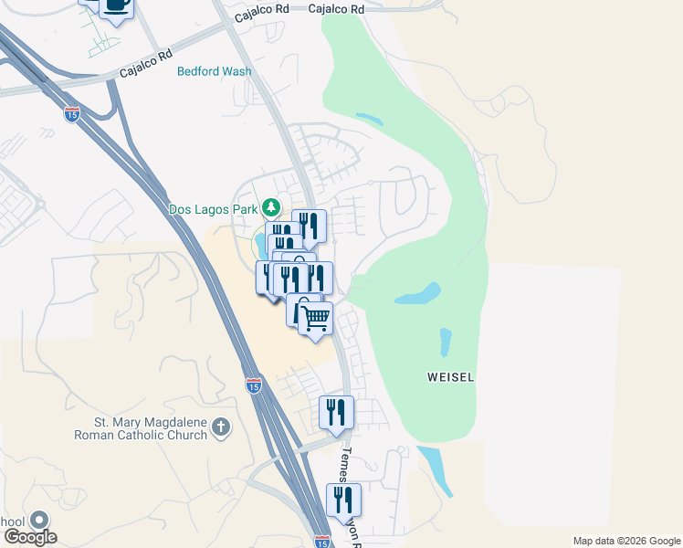 map of restaurants, bars, coffee shops, grocery stores, and more near 4445 Owens Street in Corona
