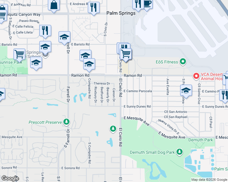 map of restaurants, bars, coffee shops, grocery stores, and more near Canon Drive in Palm Springs