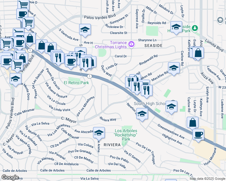 map of restaurants, bars, coffee shops, grocery stores, and more near 5510 Greenmeadows Street in Torrance