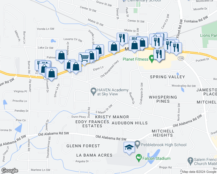 map of restaurants, bars, coffee shops, grocery stores, and more near 1105 Cliff Drive in Mableton