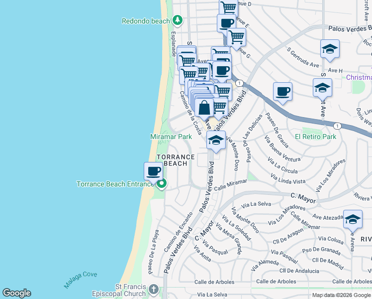 map of restaurants, bars, coffee shops, grocery stores, and more near 213 Calle Miramar in Redondo Beach