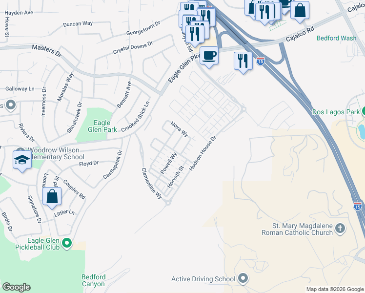 map of restaurants, bars, coffee shops, grocery stores, and more near 4124 Cameron Way in Corona