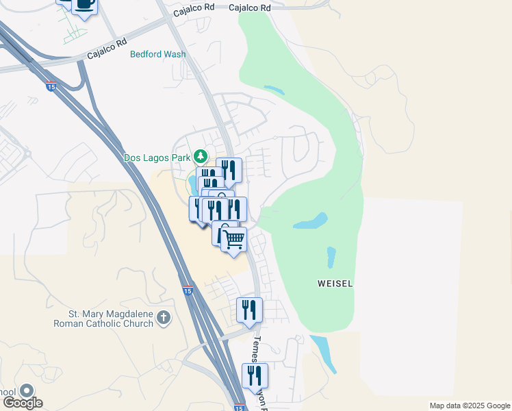 map of restaurants, bars, coffee shops, grocery stores, and more near 4445 Owens Street in Corona
