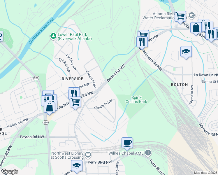 map of restaurants, bars, coffee shops, grocery stores, and more near 2145 Bolton Road Northwest in Atlanta