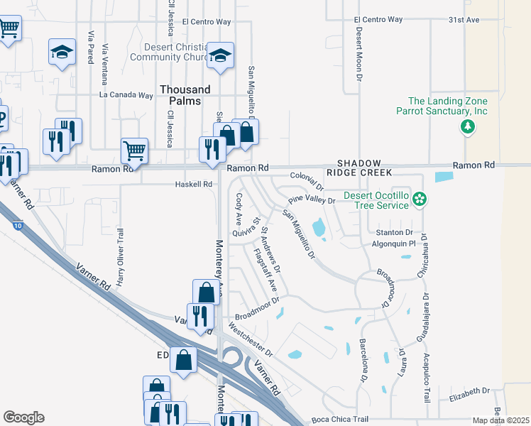 map of restaurants, bars, coffee shops, grocery stores, and more near 32200 Oakland Hills Street in Thousand Palms