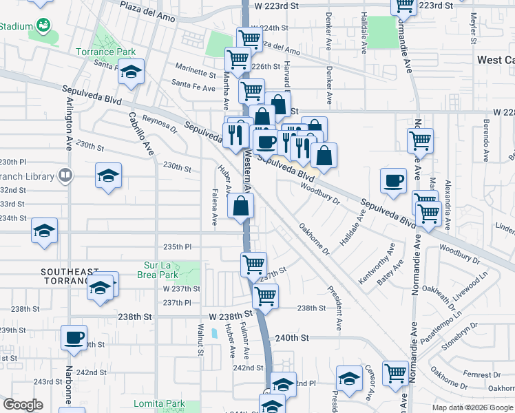 map of restaurants, bars, coffee shops, grocery stores, and more near 23312 South Western Avenue in Los Angeles
