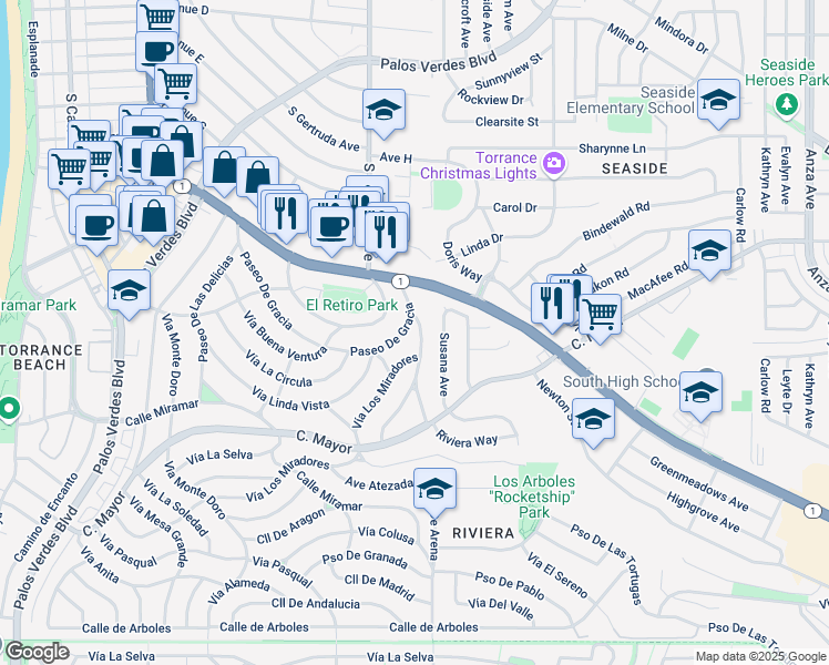 map of restaurants, bars, coffee shops, grocery stores, and more near 216 Vía Los Altos in Redondo Beach