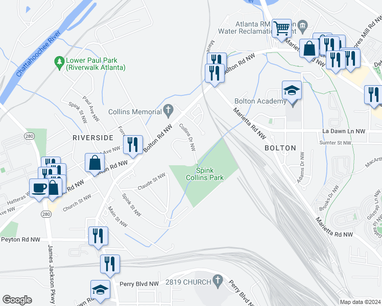 map of restaurants, bars, coffee shops, grocery stores, and more near 2152 Collins Drive Northwest in Atlanta