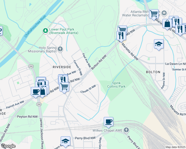 map of restaurants, bars, coffee shops, grocery stores, and more near 2145 Bolton Road Northwest in Atlanta