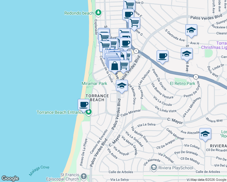 map of restaurants, bars, coffee shops, grocery stores, and more near 325 Palos Verdes Boulevard in Redondo Beach
