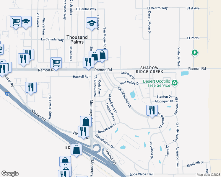 map of restaurants, bars, coffee shops, grocery stores, and more near 32200 Oakland Hills Street in Thousand Palms