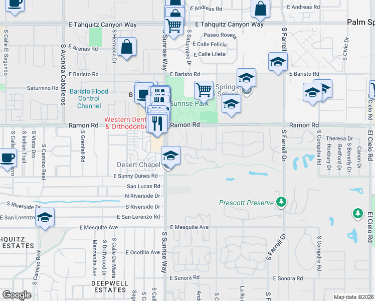 map of restaurants, bars, coffee shops, grocery stores, and more near 1855 Ramon Road in Palm Springs