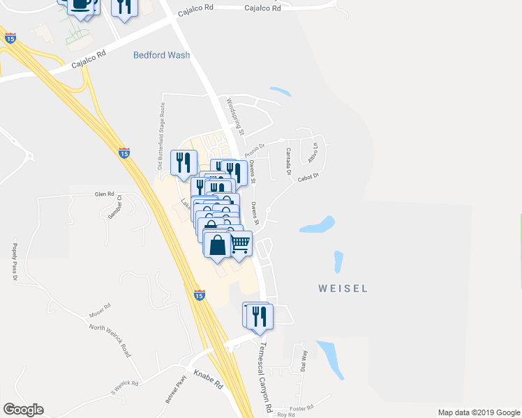 map of restaurants, bars, coffee shops, grocery stores, and more near 4436 Owens Street in Corona