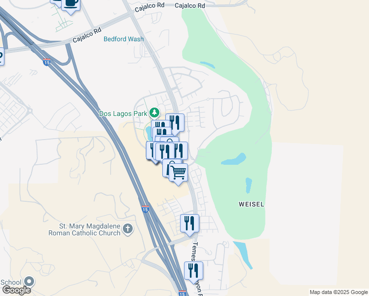 map of restaurants, bars, coffee shops, grocery stores, and more near 4436 Owens Street in Corona