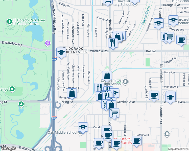 map of restaurants, bars, coffee shops, grocery stores, and more near 8035 Falcon Park Street in Long Beach