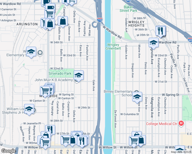 map of restaurants, bars, coffee shops, grocery stores, and more near 3150 Gale Avenue in Long Beach