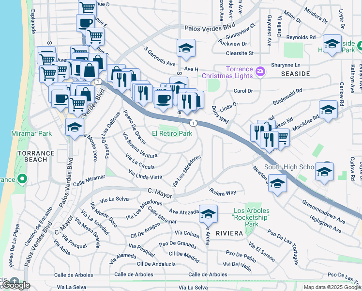 map of restaurants, bars, coffee shops, grocery stores, and more near 220 Vista Del Parque in Redondo Beach