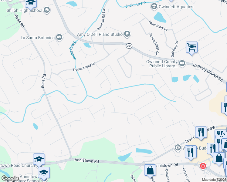 map of restaurants, bars, coffee shops, grocery stores, and more near 4020 Bridlegate Way in Snellville