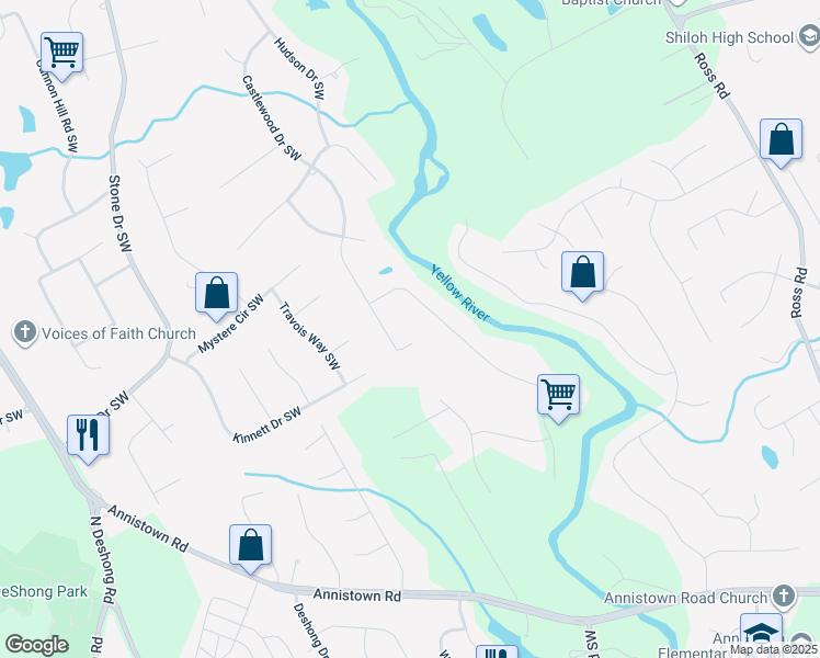 map of restaurants, bars, coffee shops, grocery stores, and more near 5018 Castlewood Drive Southwest in Lilburn