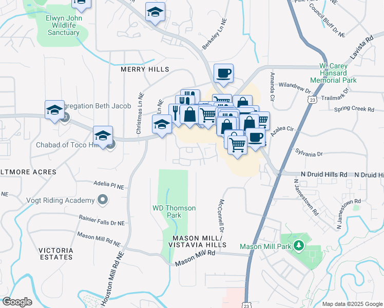 map of restaurants, bars, coffee shops, grocery stores, and more near 1012 Calibre Woods Drive in Atlanta