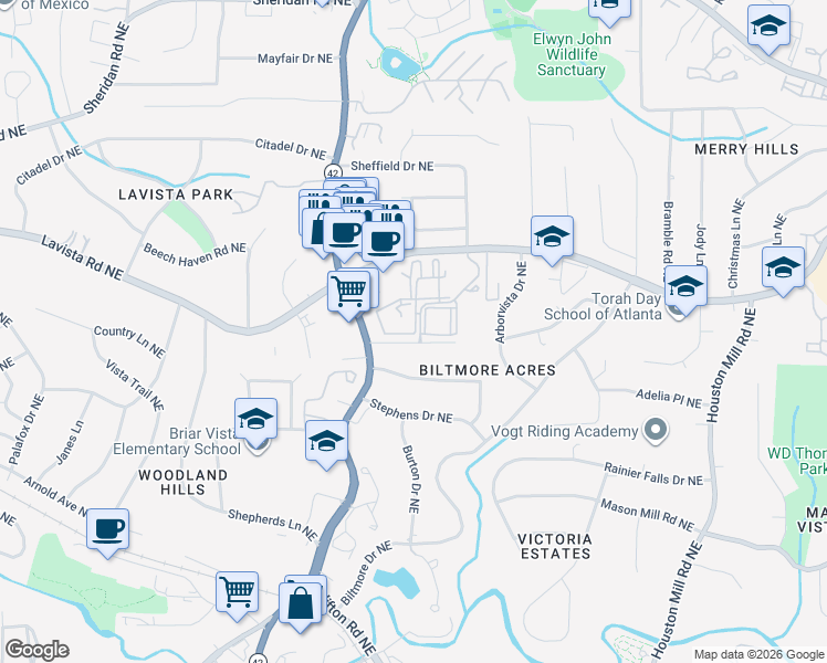 map of restaurants, bars, coffee shops, grocery stores, and more near 1598 Briarvista Way in Atlanta